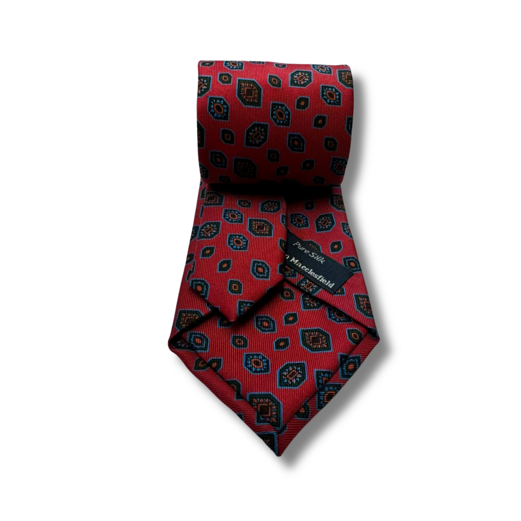 Red & Navy Geometric Screen Printed Silk Tie