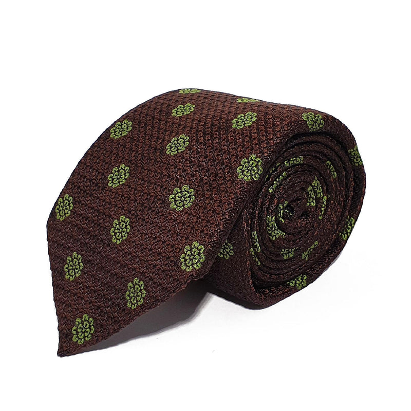 Brown Flower Woven Silk Tie Hand Finished - British Made