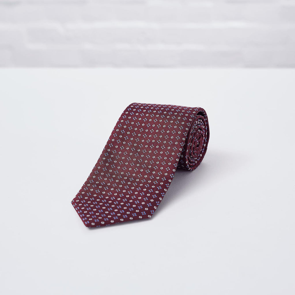 Burgundy Floral Woven Silk Tie - British Made