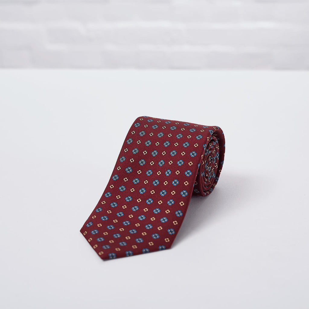 Burgundy Geometric Flower Printed Silk Tie - British Made