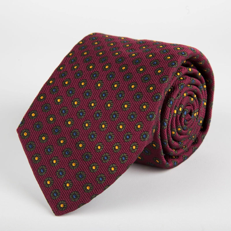 Burgundy Neat Flower Woven Silk Tie Hand Finished - British Made