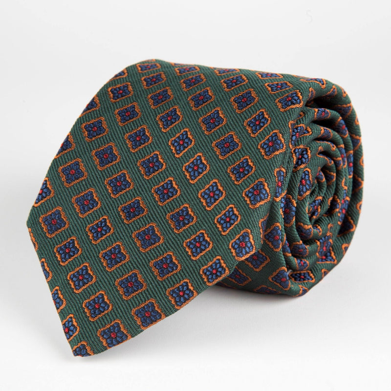 Green Diamond Flower Woven Silk Tie Hand Finished - British Made
