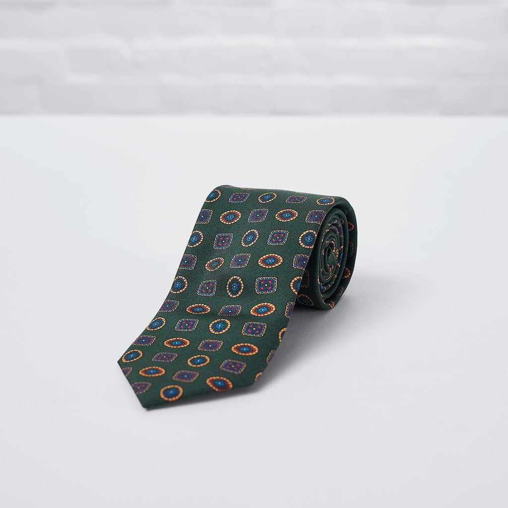 Green Geometric Printed Silk Tie Hand Finished - British Made