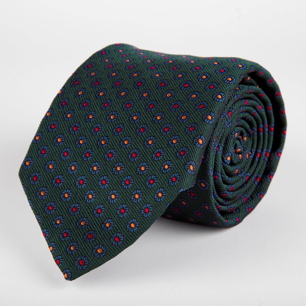 Green Neat Flower Woven Silk Tie Hand Finished - British Made