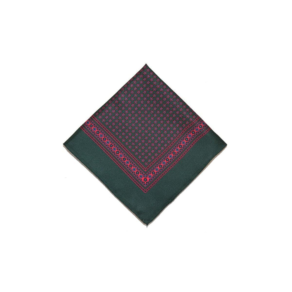 Green Red Flower Motif Silk Pocket Square - British Made