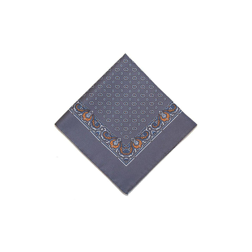 Grey Orange Tear Drop Silk Pocket Square With A Paisley Border - British Made