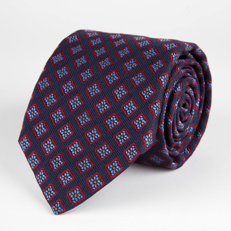 Navy Diamond Flower Woven Silk Tie Hand Finished - British Made