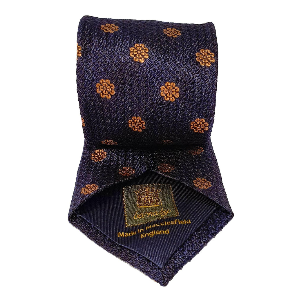 Navy Flower Woven Silk Tie Hand Finished - British Made