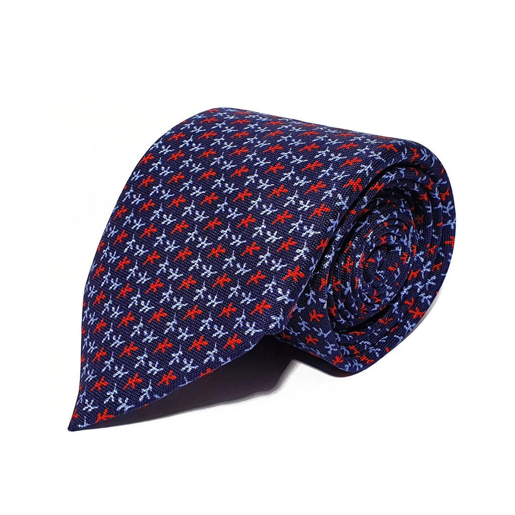Navy Leaves Printed Silk Tie Hand Finished - British Made