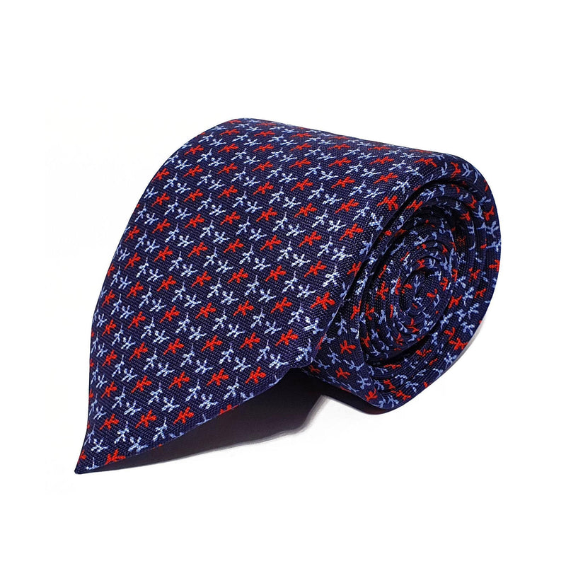 Navy Leaves Printed Silk Tie Hand Finished - British Made