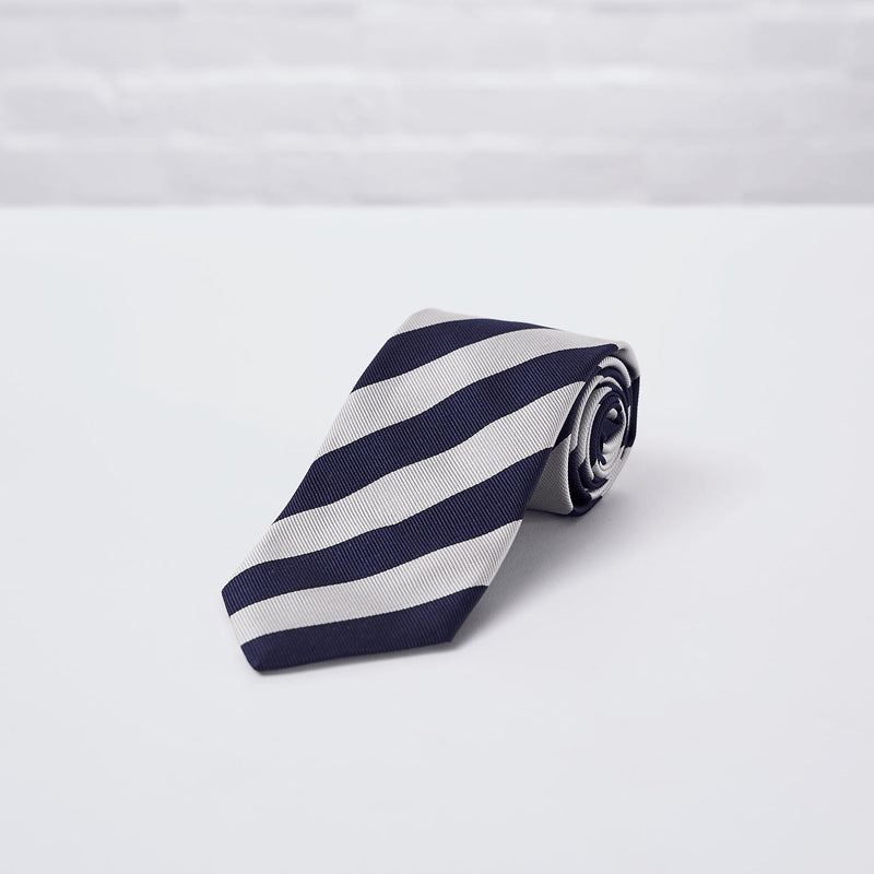 Navy Lt Grey Striped Woven Silk Tie - British Made