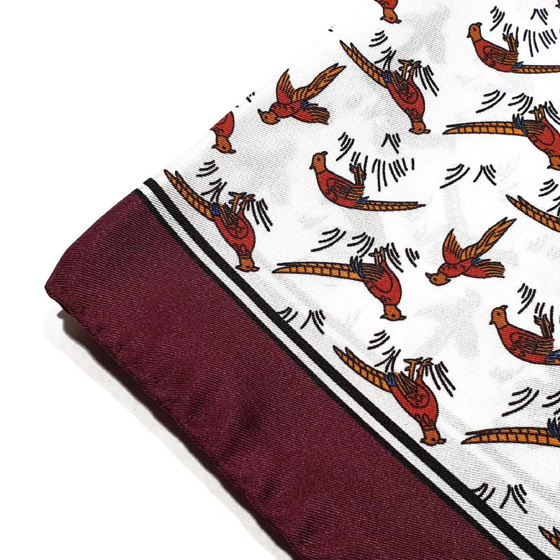 Pheasant Silk Pocket Square Burgundy Border - British Made