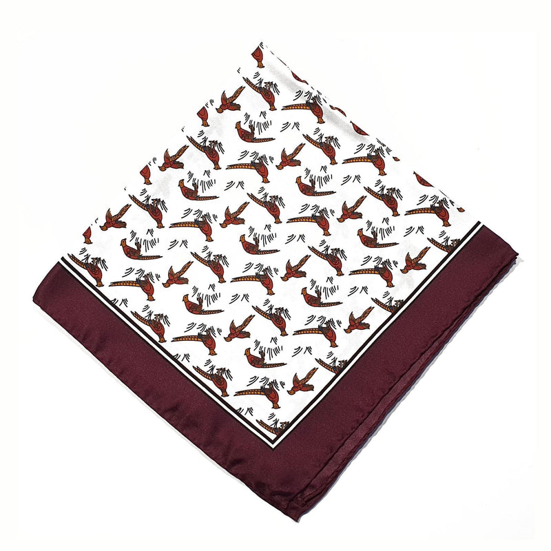 Pheasant Silk Pocket Square Burgundy Border - British Made