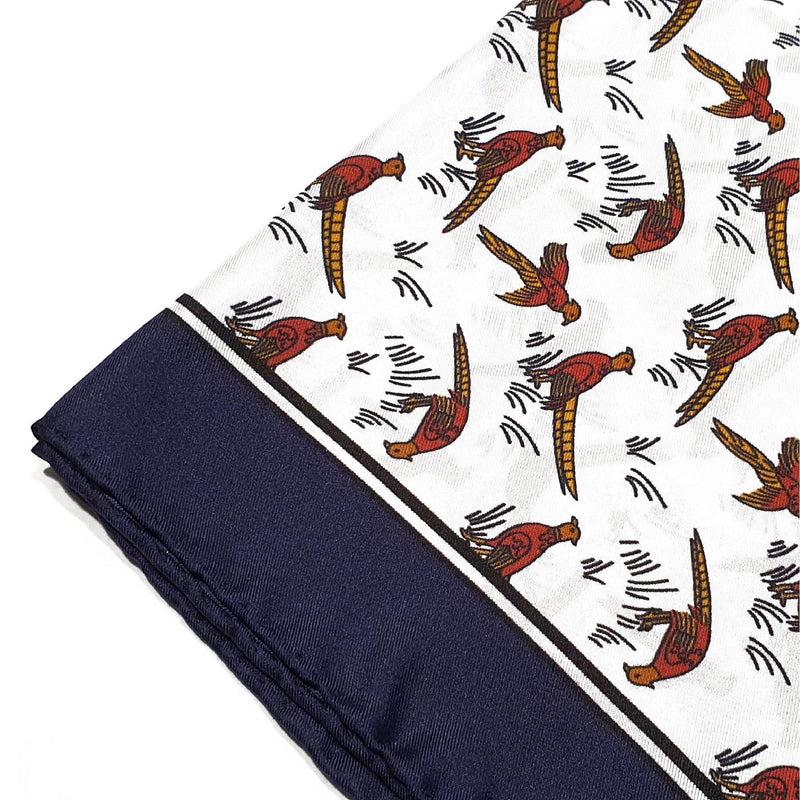 Pheasant Silk Pocket Square Navy Border - British Made