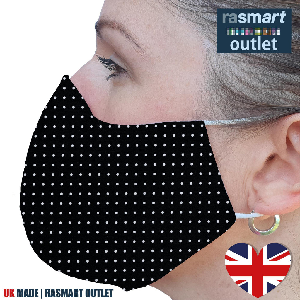 Face Mask - Black & White Spots Design - 100% Pure Cotton - British Made