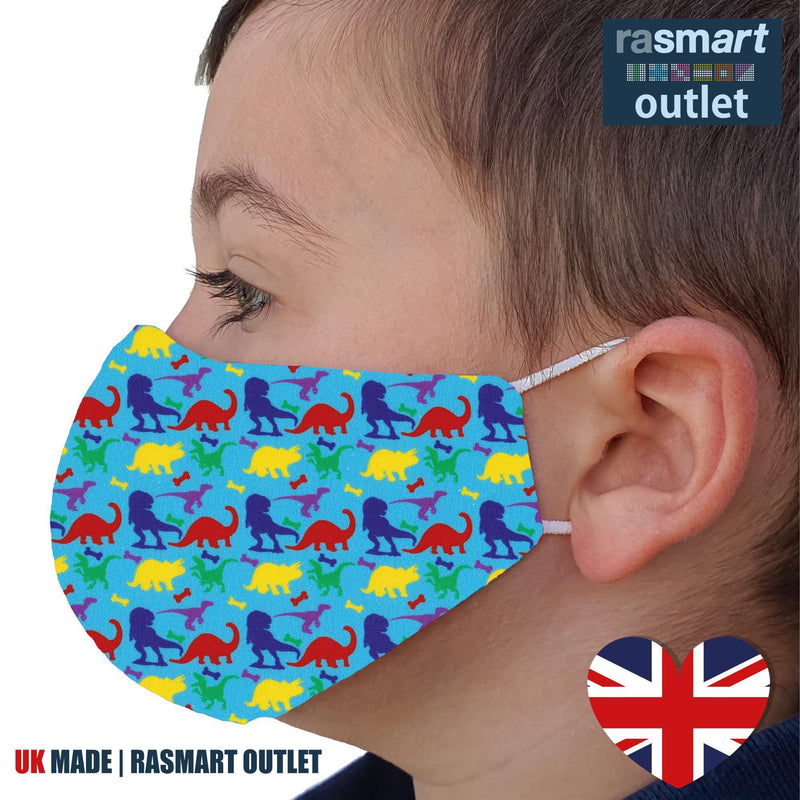 Face Masks - Dinosaur Design - 100% Pure Cotton - British Made