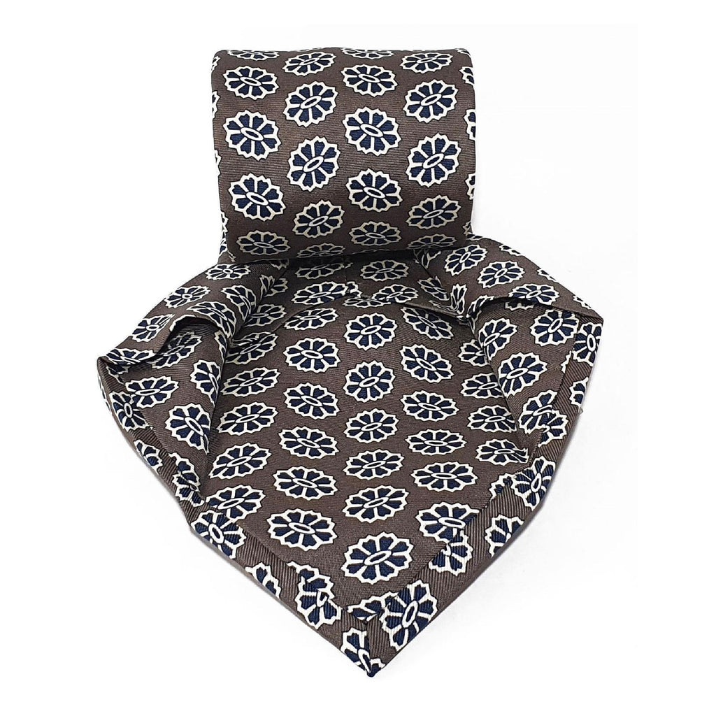 Grey Medallion Seven Fold Silk Tie - British Made