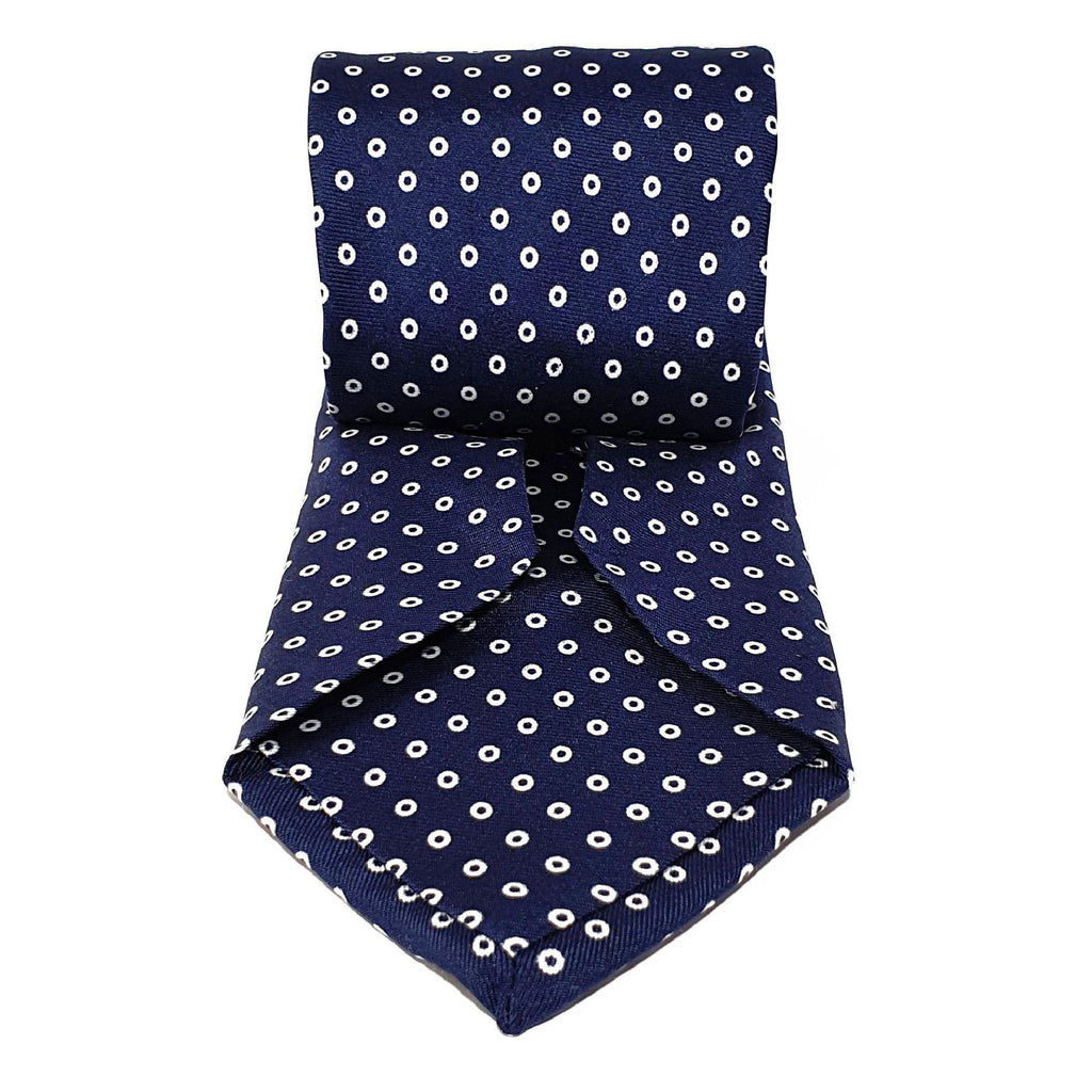 Navy Blue Circle Seven Fold Silk Tie - British Made