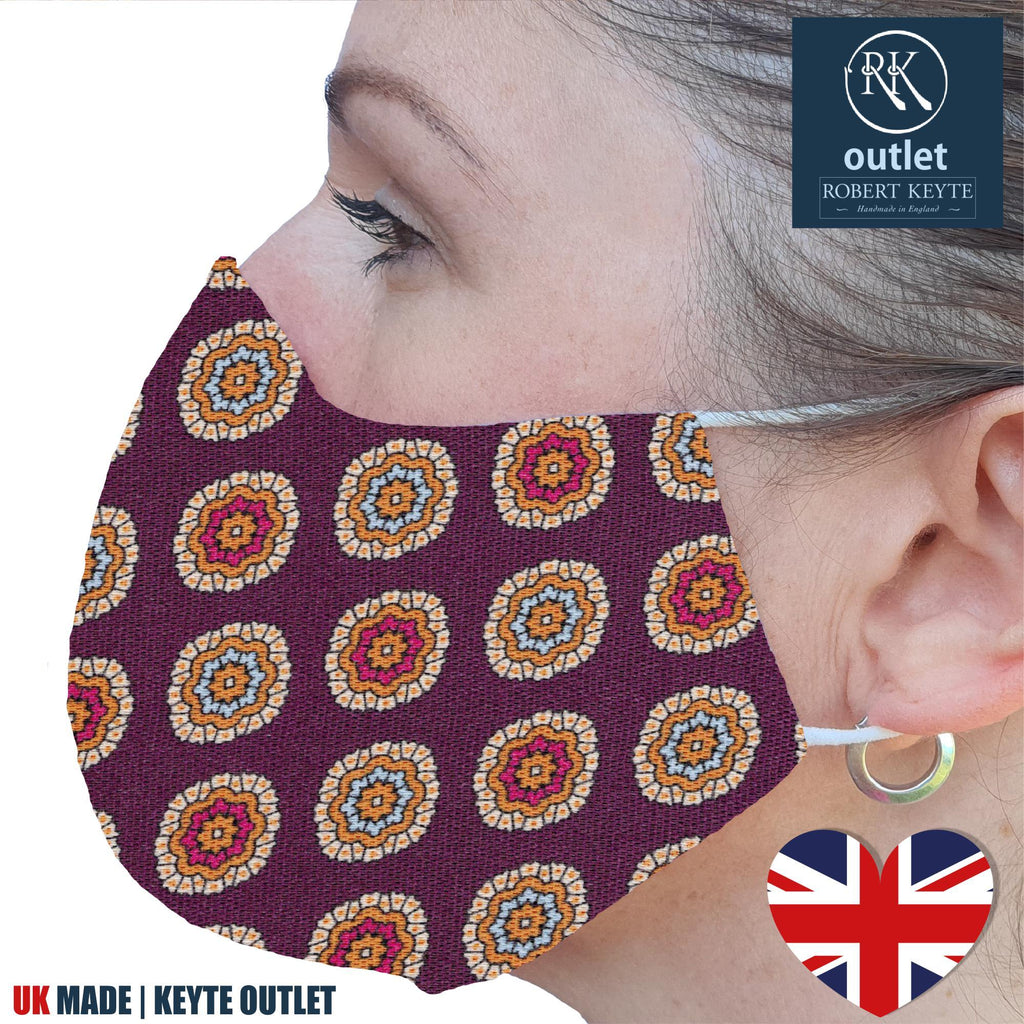 Silk Face Mask - Dark Purple Medallion Design - 100% Pure Silk - British Made
