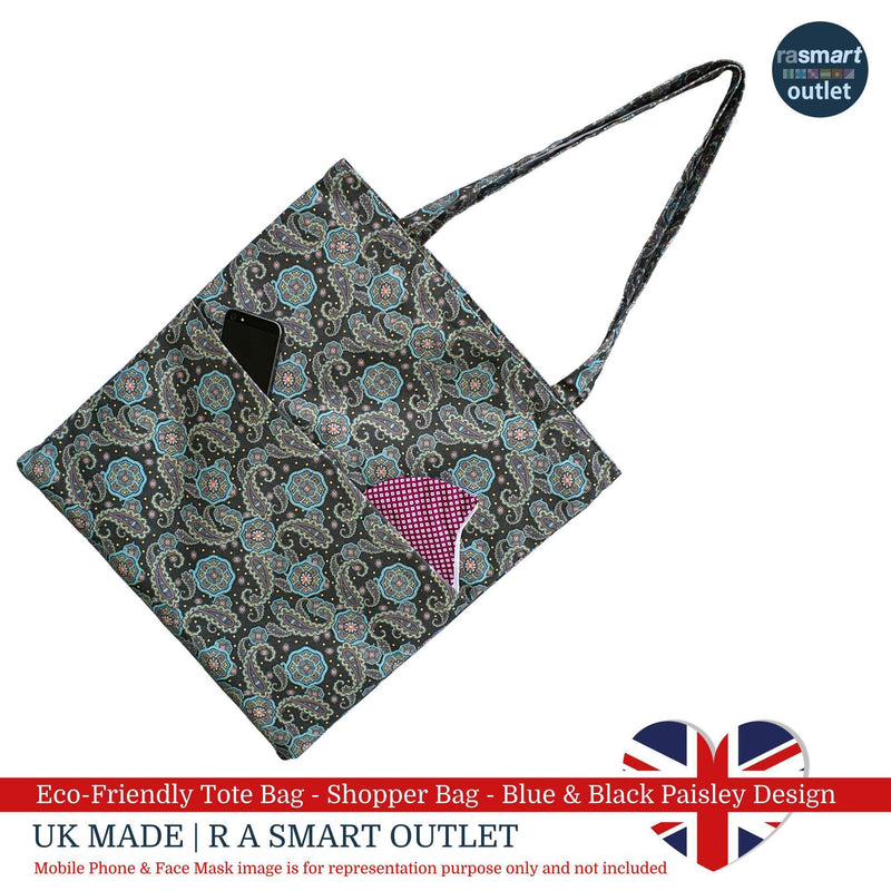 Tote Bag - Black & Blue Paisley Design - Shopping Bag 100% Pure Cotton - British Made
