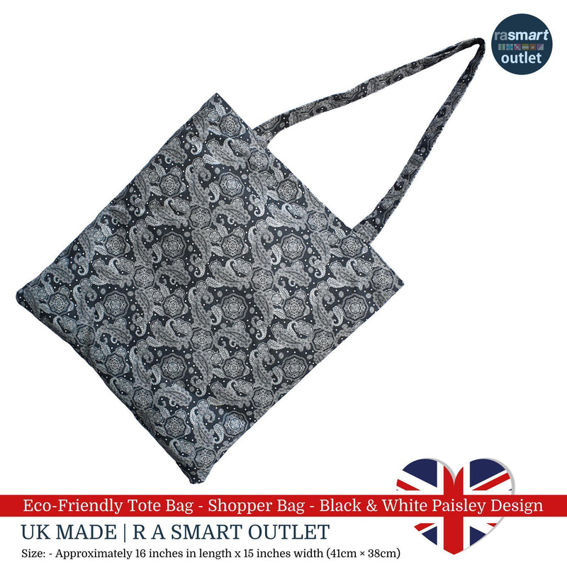 Tote Bag - Black & White Paisley Design - Shopping Bag 100% Pure Cotton - British Made