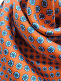 Orange and Blue Geometric Silk Scarf with Hand Knotted Navy Tassels