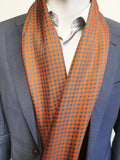 Orange and Blue Geometric Silk Scarf with Hand Knotted Navy Tassels