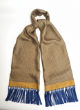 Mustard and Blue Geometric Scarf with Hand Knotted Blue Tassels