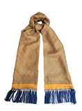 Mustard and Blue Geometric Scarf with Hand Knotted Blue Tassels