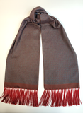 Brown Silk Geometric Scarf with Hand Knotted Red Tassels