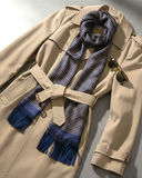 Navy and Mustard Checked Scarf with Hand Knotted Navy Tassels