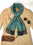 Green Silk Scarf with Hand Knotted Navy Tassels