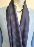 Navy and Light Blue Geometric Silk Scarf with Hand Knotted Navy Tassels