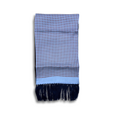 Blue Geometric Silk Scarf with Blue Hand Knotted Tassels
