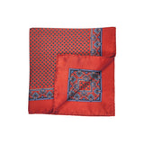 Deep Red and Blue Circle Geometric Silk Pocket Square with a Paisley border