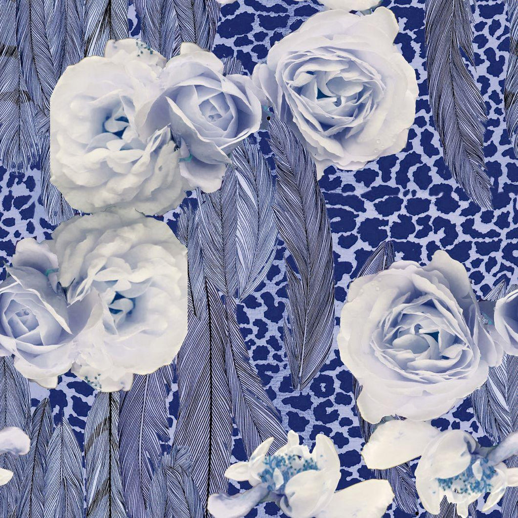 Feather Design Fabric - Leopard Blue Feather & Rose