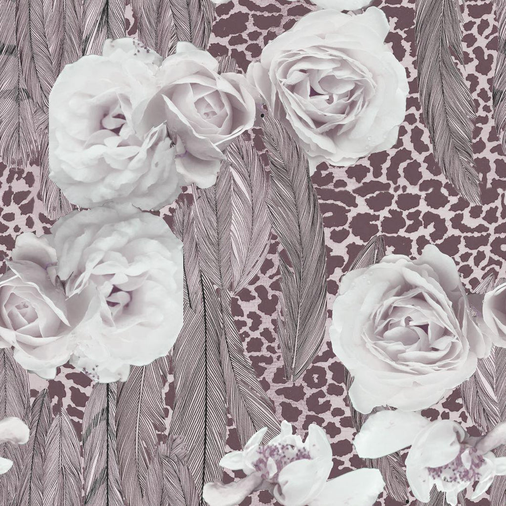 Feather Design Fabric - Leopard Dusky Feather & Rose