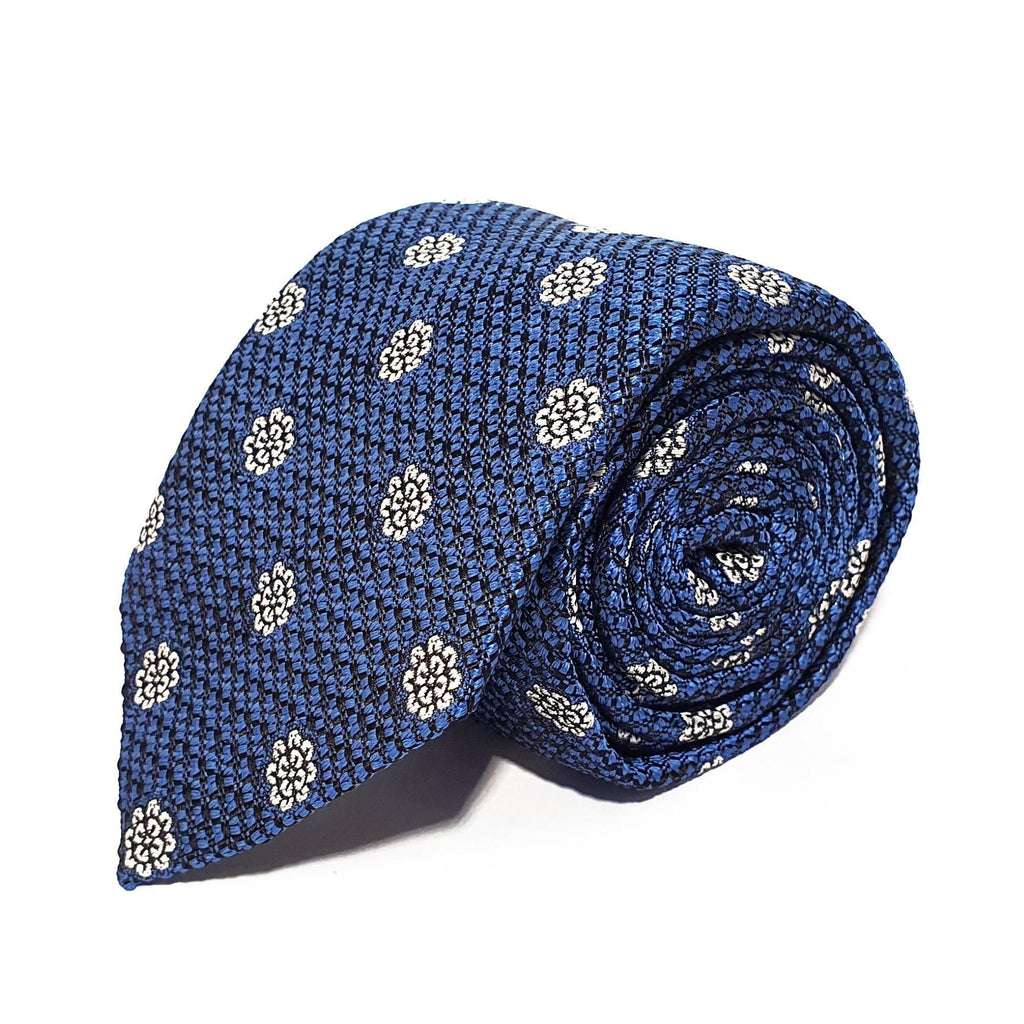 Blue Flower Woven Silk Tie Hand Finished - British Made