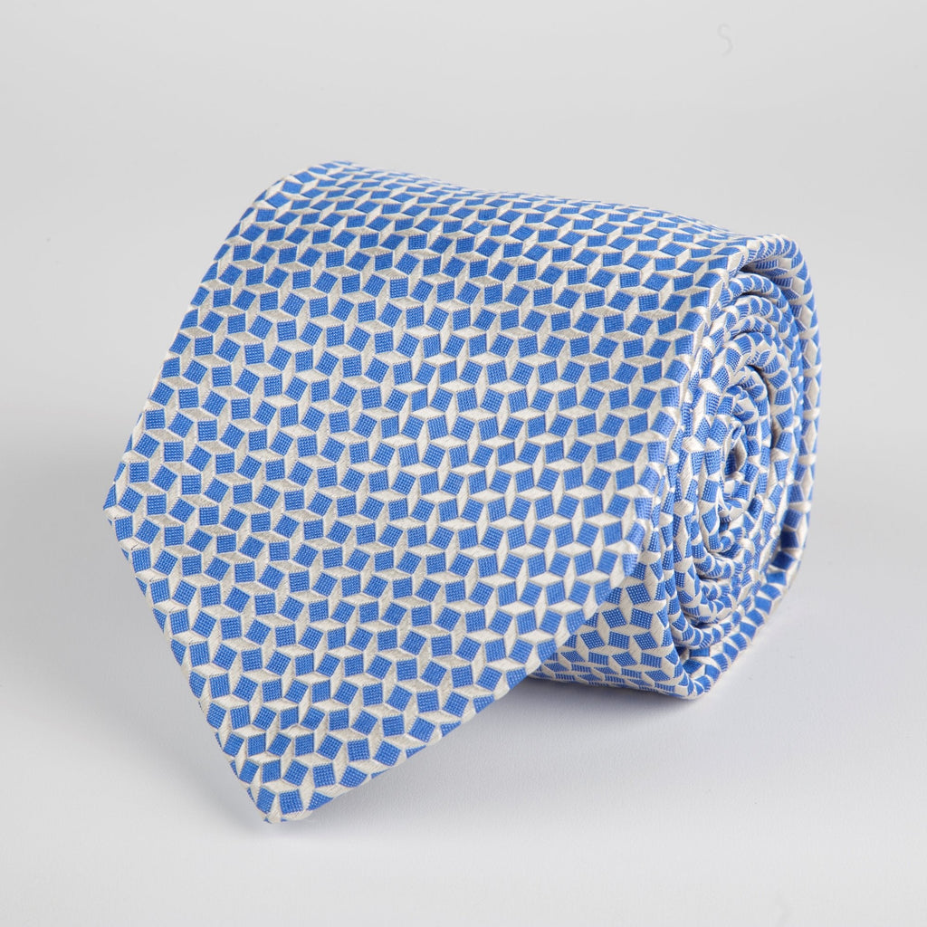 Blue Geometric Diamond Woven Silk Tie - British Made