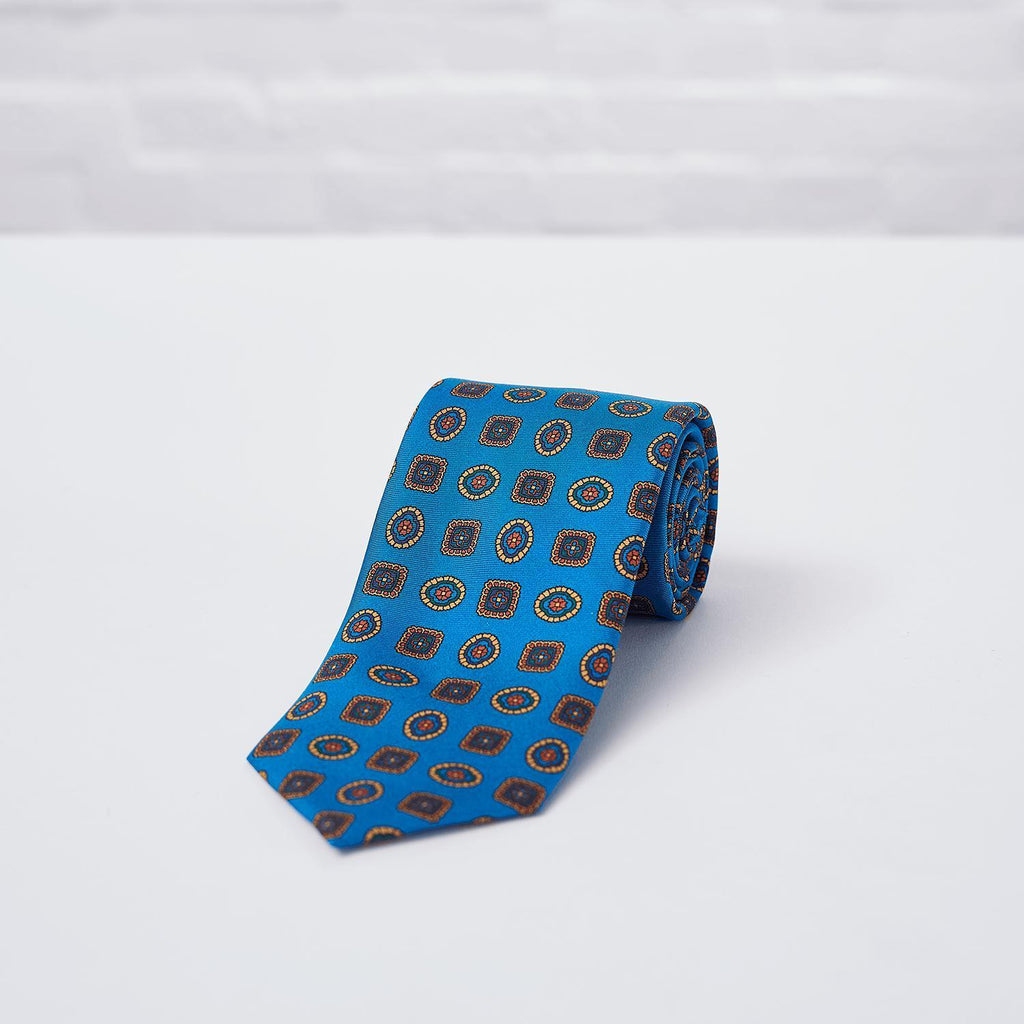 Blue Geometric Printed Silk Tie - British Made