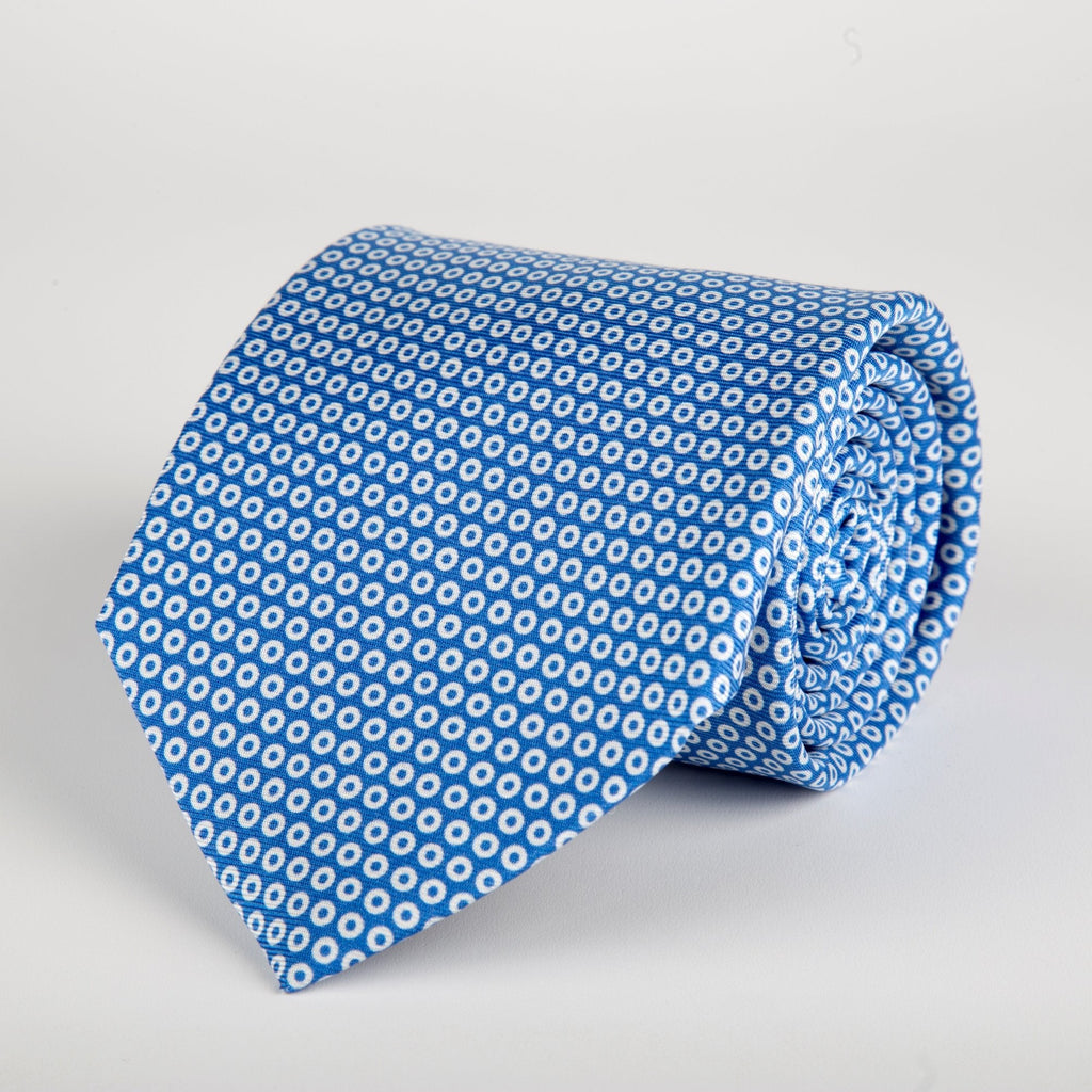 Blue Geometric Small Circles Printed Silk Tie - British Made