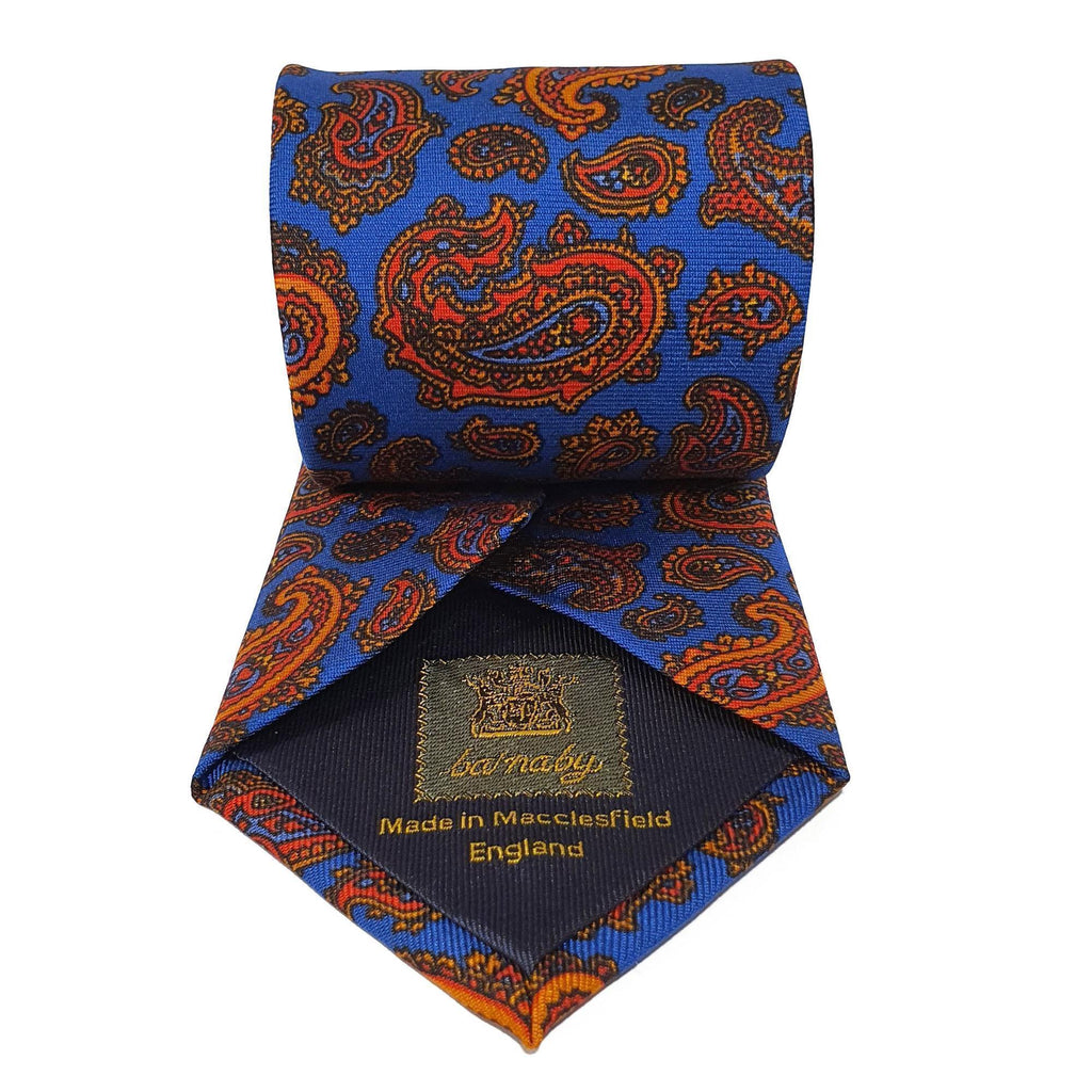 Blue Paisley Printed Silk Tie Hand Finished - British Made