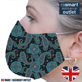 Face Mask - Black & Blue Paisley Design - 100% Pure Cotton - British Made