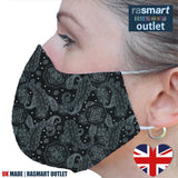 Face Mask - Black & White Paisley Design - 100% Pure Cotton - British Made