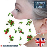Face Mask - Christmas Holly Design - 100% Pure Cotton - British Made