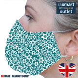 Face Mask - Turquoise Floral Design - 100% Pure Cotton - British Made
