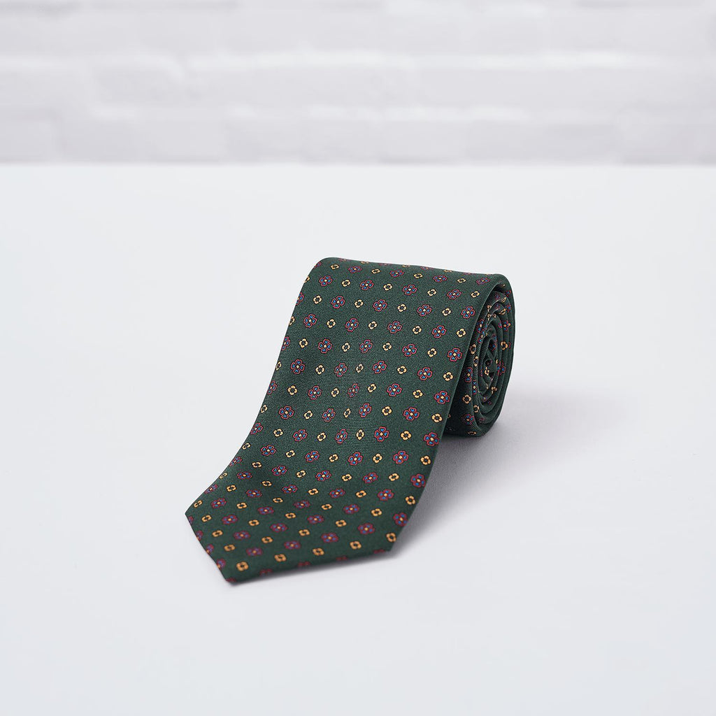 Green Geometric Flower Printed Silk Tie - British Made