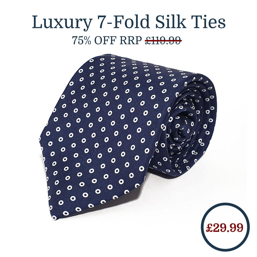 Navy Blue Circle Seven Fold Silk Tie - British Made