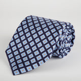 Navy Geometric Flower Block Printed Silk Tie - British Made