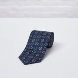 Navy Geometric Printed Silk Tie Hand Finished - British Made